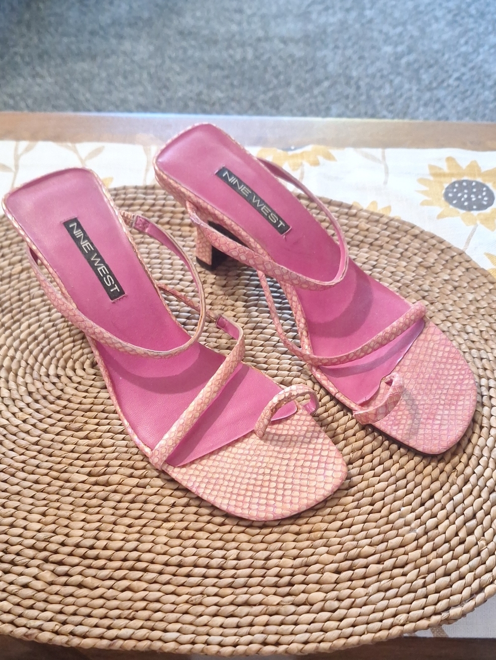 Nine West Pink Textured Strappy Mid-Heel Sandals
